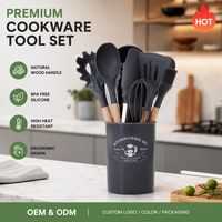 Set Peralatan Dapur Silikon Premium dengan Gagang Kayu Alami Bebas BPA Tahan Panas Anti Lengket untuk Kepakaran Memasak