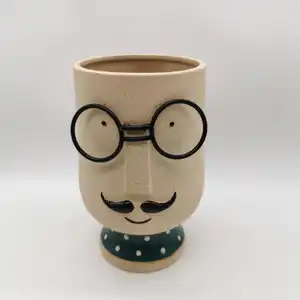 Ceramic Bulk Funny Family Face Plant Flower Pots With Metal Glasses For Home Living Room Indoor Decorations