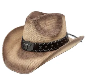 Cappello da Cowboy occidentale da uomo arrotolato a tesa alta qualità cappello da Cowboy in paglia di carta sfusa per uomo