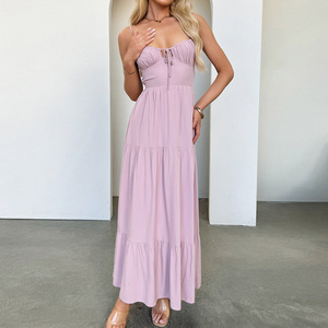 <span class=keywords><strong>Robe</strong></span> mi-longue élégante <span class=keywords><strong>dos</strong></span> <span class=keywords><strong>nu</strong></span> à bretelles vintage et sexy Tissé à la taille naturelle Robes décontractées longues violettes pour femmes - Product Image 2