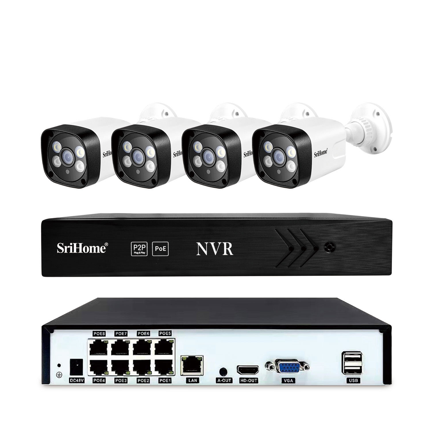 SriHome дешевая камера видеонаблюдения ночного видения Поддержка 8T h.265 8CH Poe Nvr Kit