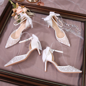 2025 Satin Women Stiletto Pointed Toe Wedding <b>Shoes</b> Bead <b>Shoes</b> Wedding High Heels - Product Image 4