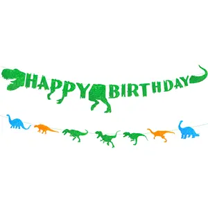 DAMAI Multicolor Dinosaur Theme Birthday Banner for Hanging Decoration Glitter Flag Garland for Kids Birthday Party Supplies