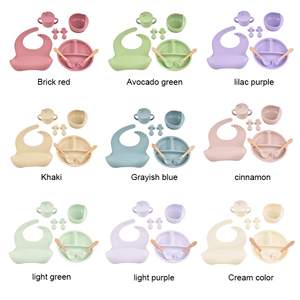 Ensemble d'alimentation pour bébé en silicone, assiette à ventouse, bol, cuillère, fourchette, design rond de couleur unie, kit de repas pour enfants - Product Image 5