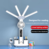 Lampe de bureau LED pliable à double tête OEM, moderne, à piles, intensité réglable, en plastique ABS, avec ventilateur et porte-stylo – Offre Spéciale