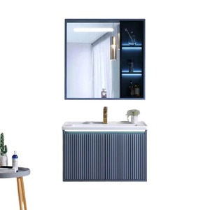 Meuble-lavabo de salle de bain moderne style crème avec poignées bleues colorées, armoire murale, vente en gros - Product Image 5