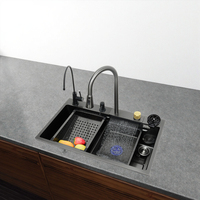 Évier de cuisine moderne en acier inoxydable Sus304 à cuve unique, robinet cascade multifonction, rinçage de verre, quatre fonctions intelligentes, nano