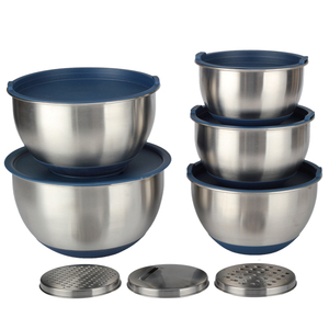 Ensemble de bols mélangeurs en acier inoxydable avec couvercles hermétiques, base antidérapante en silicone et 3 râpes amovibles – Bols à salade empilables - Product Image 6