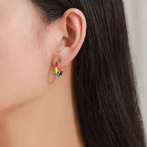 Boucles d'oreilles clous semi-rondes en forme de C, personnalisables, en argent sterling S925, émail époxy couleurs arc-en-ciel, version cuivre, cadeau pour femme - Product Image 5