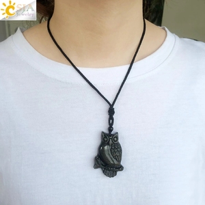 CSJA caliente oro obsidiana hombres collar tejido hecho a mano tallado cabeza de tigre búho piedra collares colgante joyería G777 - Product Image 2