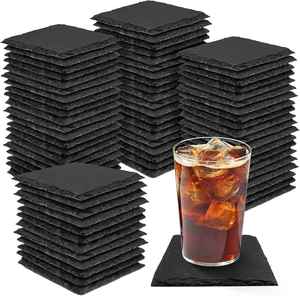 Factory Wholesale Classic Dark Black Round Eco-Friendly Natural Stone Office Coffee Cut Side or Rough Slate Coasters - Product Image 1