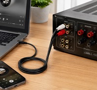 Cable de Audio en Y de Fibra de Carbono Trenzada de 3.5mm Macho a Doble RCA para Coche, Guitarra, Teléfono, PC a Amplificador/Altavoz - Conectores Chapados en Oro