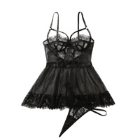 Robe Hera noire sexy à fines bretelles, avec dentelle, maille transparente ajourée, armatures et effet sculptant