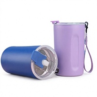 Gobelet isotherme en acier inoxydable 304 avec paille et cordon, tasse sous vide 450 ml, mug à café portable pour voyage en extérieur, cadeau