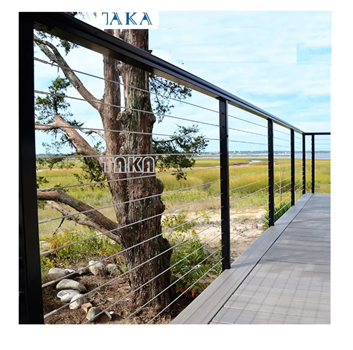 TAKA Stainless Steel veranda Cable Wire Railing with Black Quare Post Side Mounted Balcony diy cable railing post