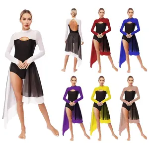 Womens Irregular Lyrical Dance Dress Mesh Long Sleeve Leotard Ballet Dress For Stage Performance