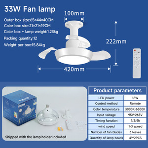 33W LED <b>Ceiling</b> Fan <b>Light</b> 3 Color Changing 3 Speed Remote Control Retractable Blades For Bedroom <b>office</b> - Product Image 4