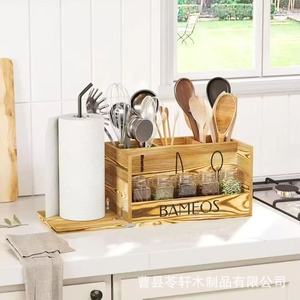 Wooden <b>kitchen</b> tableware and condiment storage rack, wall-mounted toilet <b>paper</b> holder, bathroom toiletries organizer. - Product Image 2