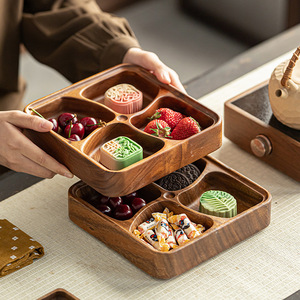 Plateau à fruits en bois de noyer, 4 compartiments, rectangulaire, plateau à collation multi-niveaux, plat de service domestique, plateaux de rangement - Product Image 1