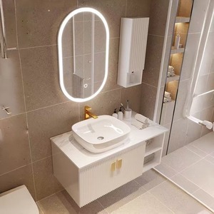 <span class=keywords><strong>Meuble</strong></span>-lavabo de salle de bain de luxe Balom, sur mesure, moderne, mural, avec rangement durable, miroir LED et lavabo en pierre élégant - Product Image 1