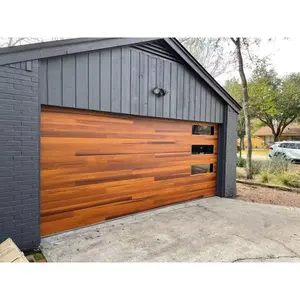 Porte de garage électrique <span class=keywords><strong>HELTON</strong></span> sur mesure 8x8 16x7, panneau en acier galvanisé à grain de bois classique résidentiel avec fenêtre noire - Product Image 1