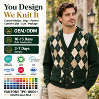 Cardigan en tricot Argyle pour homme, col en V, boutonné, style vintage preppy, manches longues avec poches, logo personnalisé, OEM ODM, vente en gros