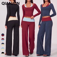 Ensemble de yoga 2 pièces pour femme : haut à manches longues et pantalon large à taille repliable – Tenue de sport élastique pour fitness et yoga