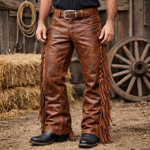 Pantalon Western en Cuir Léger et Respirant pour Homme, Taille Haute, Coupe Droite, Style Vintage, Fermeture Boutonnée, Poches Décoratives - Product Image 1