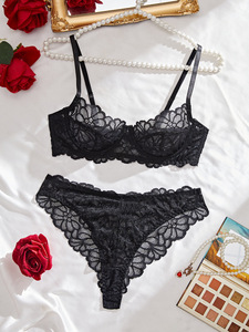Black Floral Lace Womens Intimates Lingerie <b>Set</b> <b>Sexy</b> Sheer Mesh Underwire Bra and Thong Panties Elegant Womens Underwear <b>Set</b> - Product Image 2