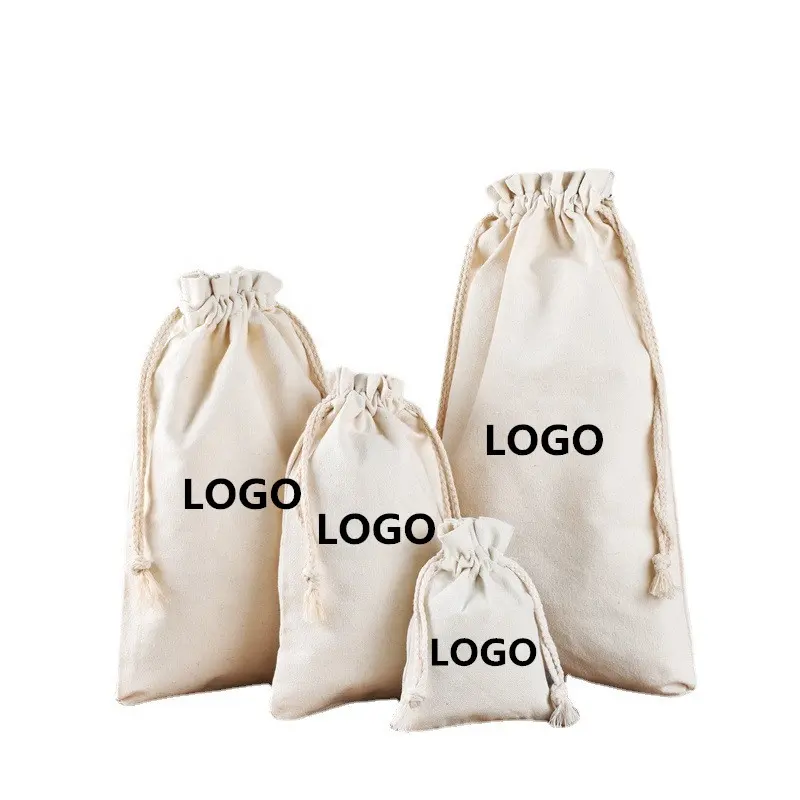 Kustom ramah lingkungan organik Muslin kantong katun promosi kecil putih kain belacu kanvas tas serut dengan Logo dicetak