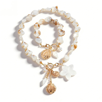 Ensemble collier et bracelet plaqué or en alliage, pendentif en forme de fleur avec imitation perle coquillage, pour femme, idéal pour les loisirs, la plage, cadeau coquillage