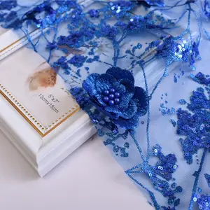 HLS378 Hot Sales 3D Blumen Handarbeit Pailletten stickerei mit Perlen Mesh Stoff für Kleid