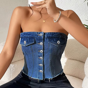 Top Corto de Mezclilla sin Tirantes para Mujer - Top Casual de Otoño a la Moda - Product Image 4