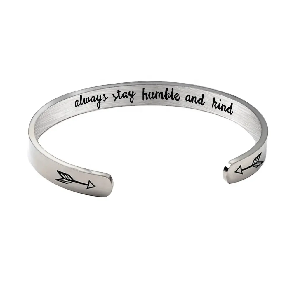 wholesale stainless steel men's bracelets C-shaped open bracelet inspirational gift engraved 'always stay humble and kind'