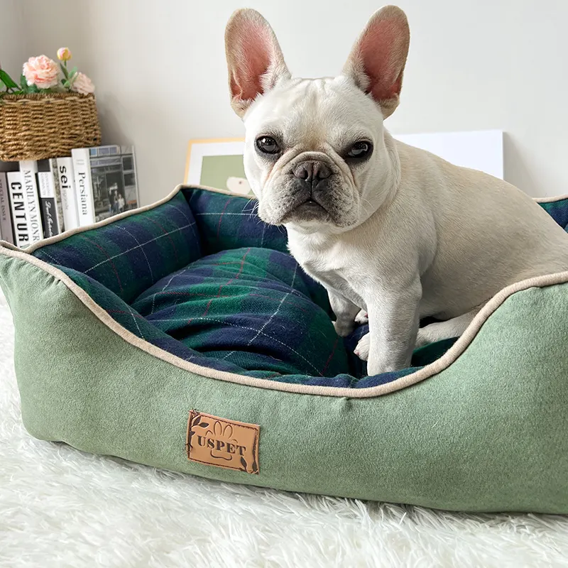 Cama Rectangular para gatos y perros de gamuza a cuadros verde sólido del proveedor de China, resistente al agua y lavable sin colisiones para dormir y descansar