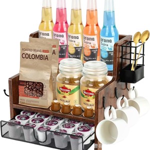 Estante de Almacenamiento de Madera de Varias Capas para Jarabes de Café con Portavasos, Estante para Bebidas de Bar, Estante para Cócteles, Estantes de Exhibición Ordenados de Dos Niveles - Product Image 5