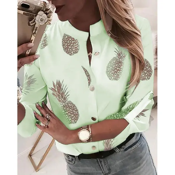 Nieuwe Herfst Hot Stijl Sexy Wan Mouwen V-hals Casual Ananas Print Shirt Vrouwen Blouse Top