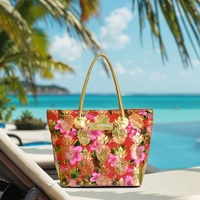 Sac de plage en PU à imprimé ananas et hibiscus, à une épaule, avec fermeture éclair, bordure dorée métallique, doubles poignées supérieures, grande capacité