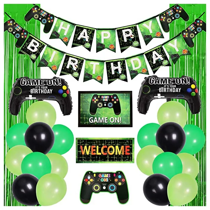 LEMON Video Game Supplies Gaming Party Decoration Boys Happy Birthday Banner Green Black Balloons Garland Arch Kit Controller