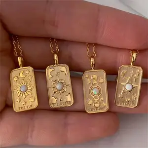 Vintage Style Star Sun Moon Opal Pendant Necklace Non Tarnish Stainless Steel Relief Tarot Card Necklace Collar Girasol Jewelry