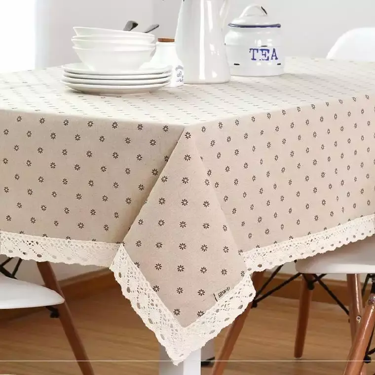 Newly Flower Pattern Tablecloth Linen Cotton Table Cloth with Lace Dining Table Cover