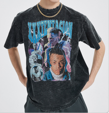 Oversized Vintage American Retro High Street Washed Old Edging Hole Short-sleeved Hip-hop Singer Printed Dark T-shirt for Men