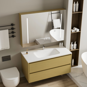 طقم حمام بتصميم خشبي عصري مع حوض من الأكريليك ذو سطح صلب وخزانة خشبية صديقة للبيئة مثبتة على الحائط بملمس دافئ وسهلة التنظيف - Product Image 2