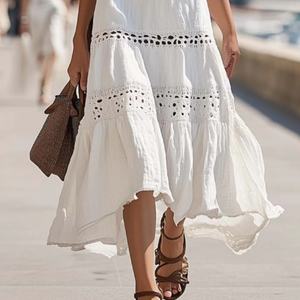 Vestido de algodón blanco de verano para mujer, sin espalda, con cuello halter, elegante, con encaje calado, informal, midi, de algodón, de fabricante de ropa. - Product Image 4