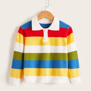 고품질 가을 폴로 목 단추 마감 색깔 막는 무지개 줄무늬 스웨터 아이