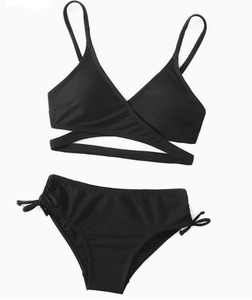 Costume da bagno a due pezzi per ragazze adolescenti, con scollo a V, tinta unita, con spalline regolabili, per ragazze più grandi, costume da bagno alla moda per la spiaggia - Product Image 2