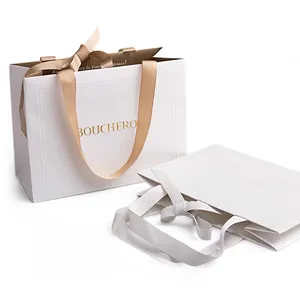 Gold foil hot stamp finished 20kg white manufacture jewelry readymade paper shopping gift bag with custom logo