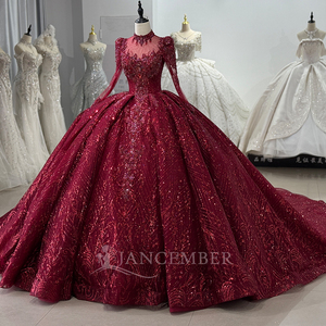 XS215 Robe de Quinceañera Rouge à Col Montant, Style Empire, pour 15 Ans, avec Broderie de Cristaux, Perles et Imprimé, Traîne Chapelle, pour Fête - Product Image 3