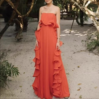 Nouvelle Robe de Soirée Élégante Plissée Longue à Volants et Épaules Dénudées pour Femme, Taille Haute, Coupe Évasée, Collection Été 2026