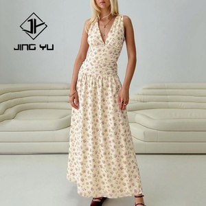 Robe midi de luxe pour femmes, de haute qualité, estivale, à fleurs, décolleté en V profond, slim, 100% rayonne, tissu doux - Product Image 1